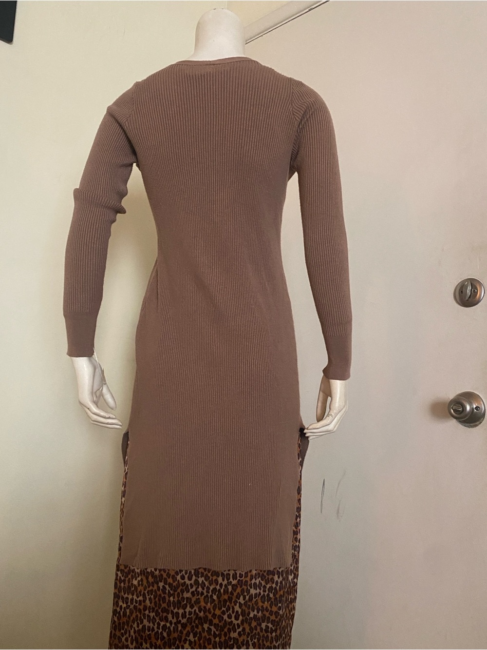 Long Brown Ribbed Partial Button Cardigan - Picture 2 of 3
